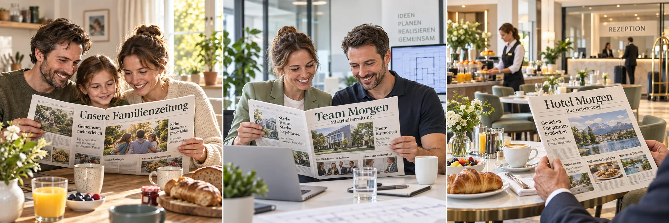 Eine Familie liest beim gemeinsamen Frühstück eine gedruckte Zeitung.