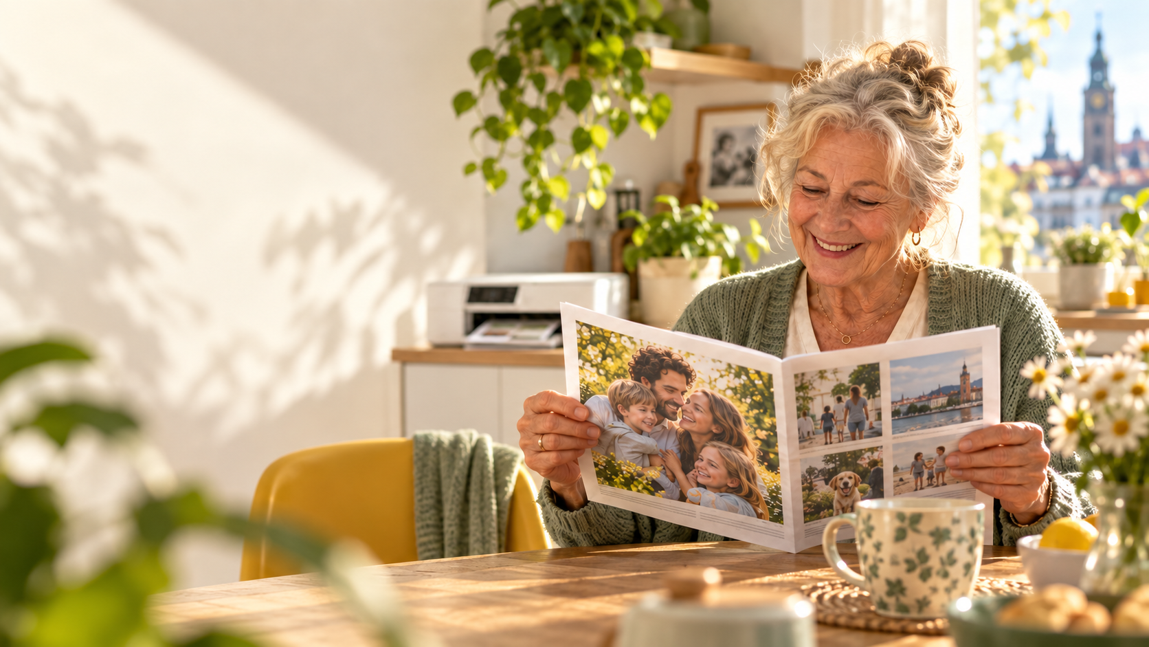 Eine Großmutter liest eine persönliche Zeitung mit Familiengeschichten und Bildern zu Hause